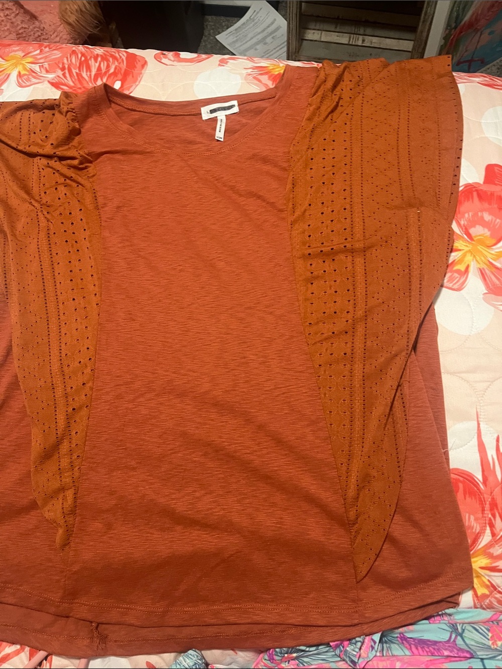 Rust Eyelet Flutter Sleeve Tee - Casual Women's Short Sleeve Top